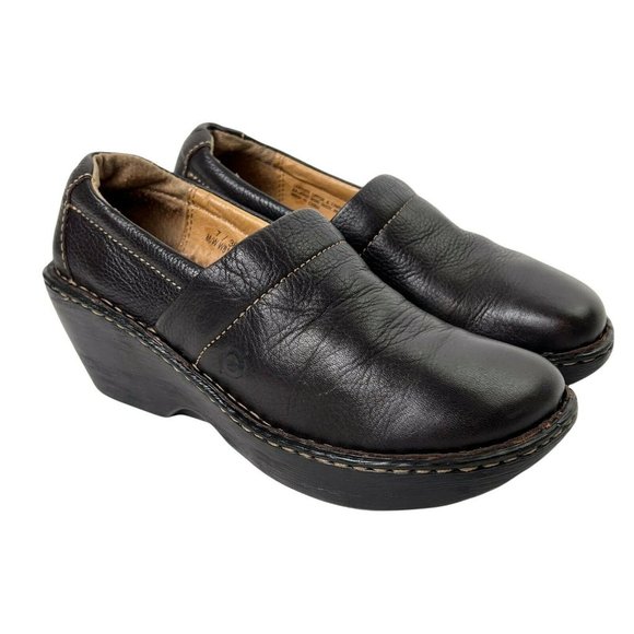 Born Shoes - Born Dark Brown Pebbled Leather Slip On Comfort Platform Wedge Heel Clogs 7 / 38